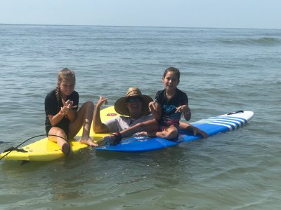 a group of people riding on the back of a boat in the water