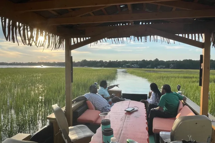 a group of people on a bridge
